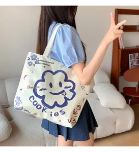 Canvas tote bag for women large capacity shoulder bag casual cartoon printed cute handbag daily