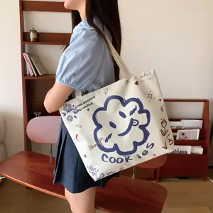 Casual canvas tote bag with cute cartoon smiley print, large capacity for daily commute work.