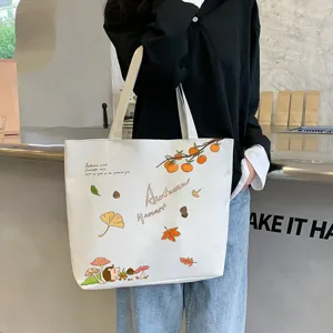 Women canvas tote bag with cute autumn cartoon print, large capacity casual shoulder bag.