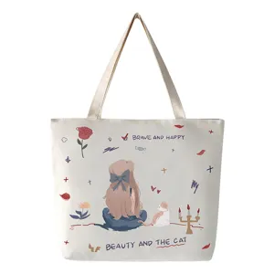 Canvas tote bag for women, large capacity shoulder bag with cute cartoon print, daily commute main view