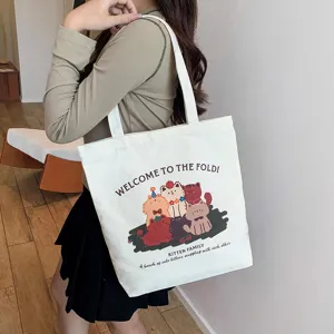 Cute cartoon cat print canvas shoulder bag for women, large capacity casual tote bag.