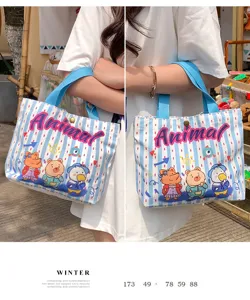 Korean style mini canvas tote bag with cute animal print, perfect for daily commuting use.