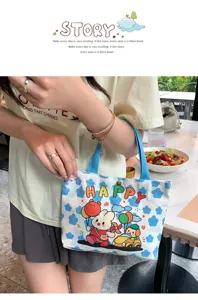 Korean style mini canvas bag for women, cute cartoon print tote handbag, daily casual commuter bag.