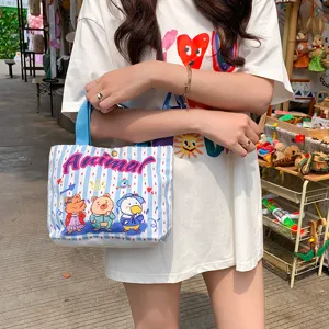 Korean Style Mini Canvas Tote Bag Cute Cartoon Print Handheld Lunch Box Bag Casual Commuting Top Handle Bag For Women