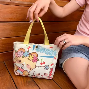 Korean style mini canvas tote bag for women, cute cartoon print hand bag for daily commute.
