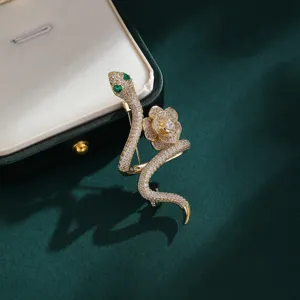 Exquisite rhinestone snake and rose brooch, vintage gold tone metal pin for women