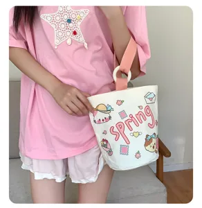 Borsa secchiello in tela con cartoni animati per donne, borsa a mano grande capacita con stampe.