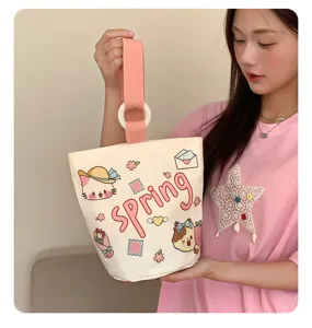 Borsa a secchiello in tela da donna, borsa stampata con manico rosa per uso quotidiano casual.