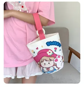 Secchiello in tela di cartone animato carino con manico rosa e design di stampa