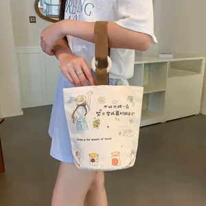 Borsa a secchiello in tela da donna, simpatica stampa cartone, grande borsa tote.