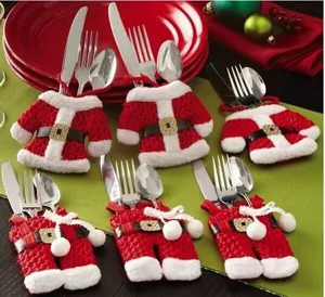 Christmas cutlery holder set, cute Santa suit and pants tableware pouch for holiday table decor.