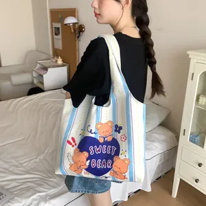 Cute cartoon print canvas tote bag with blue stripes, casual large capacity shoulder bag