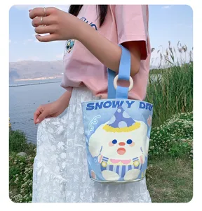 Canvas bucket bag for women, cute cartoon dog print, wooden ring handle, casual tote handbag.