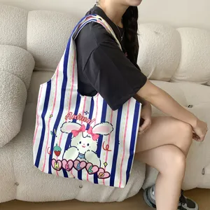Cute cartoon rabbit canvas tote bag for women, large capacity casual stripe shoulder bag.