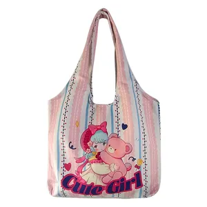Cute cartoon canvas tote bag for women, large capacity casual shoulder vest bag, eco-friendly.