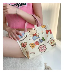 Cute cartoon canvas tote bag for women, casual daily handbag with sweet bear print.