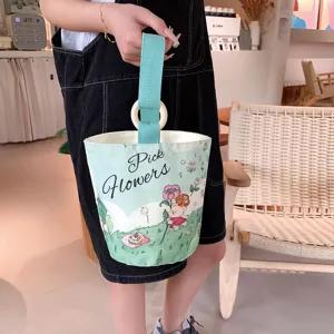 Women Minimalist Canvas Bucket Bag Cute Cartoon Animal Floral Printed Handbag Large Capacity Commuter Tote With Wooden Ring Handle