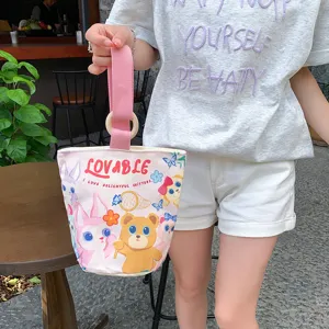 Canvas bucket bag for women, cute cartoon print casual handbag with wooden ring.