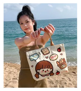 Cute cartoon print canvas tote bag for women, stylish beach handbag for casual daily use