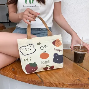 Original Cartoon Canvas Handbag For Women Casual Zipper Tote Bag Cute Bear Print Top Handle Small Square Purse For Commuting Daily Life