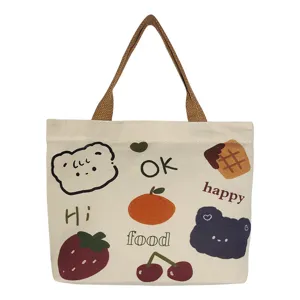 Cute cartoon canvas tote bag for women casual hand bag daily commuter shopping handbag