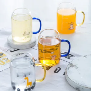 Kids glass milk cup with scale, cute cartoon pattern breakfast cup for daily home use.