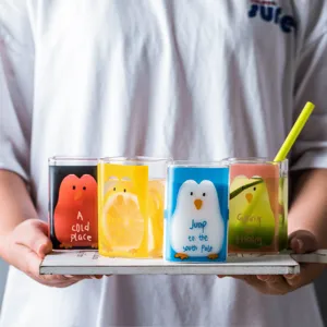 Children Cute Penguin Bear Square Glass Water Cup Creative Heat Resistant Borosilicate Glass Milk Cup For Kids Daily Drink