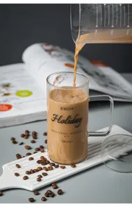 Clear glass water cup with lid and handle, letter printed mug for office and daily home use.