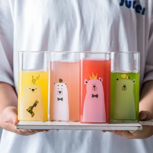 Cute square glass water cups set with colorful cartoon bear designs for children daily use