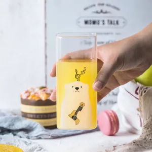 Cute square glass water cup with cartoon bear design, heat resistant milk juice drinking cup.