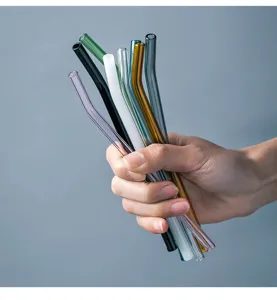 Colorful glass straws detail view, showing bent design and various vibrant color options.