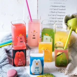 Cute square glass cup set with adorable cartoon animal prints, perfect for milk, juice and water.