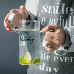 Clear glass water cup with lid and handle, large capacity heat resistant glass mug for office.