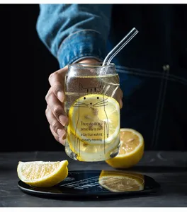 Clear glass can-shaped drinking cup with cute cat print and glass straw for juice and tea.