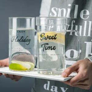 Large capacity glass beer mug with lid and handle, letter printed cold drink cup for office.