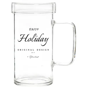 Clear glass beer mug with lid and handle, large capacity heat-resistant water cup.