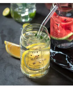 Creative clear glass cola cup with straw cute cat pattern drinking cup tumbler 500ml