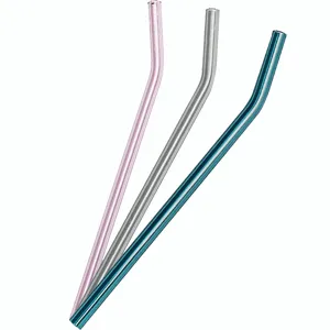 Colorful glass drinking straws set, reusable bent glass straws for juices and beverages.