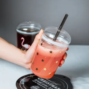 Kreativer Hoher Borosilikatglas Wasserbecher Hitzebeständiger Saft Milch Tee Becher Mit Deckel Und Strohhalm Heim Trinkgeschirr