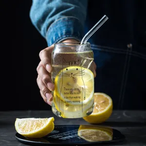 Transparent Glass Cola Can Cup With Straw Heat Resistant Borosilicate Glass Water Cup Cute Animal Print Juice Cup
