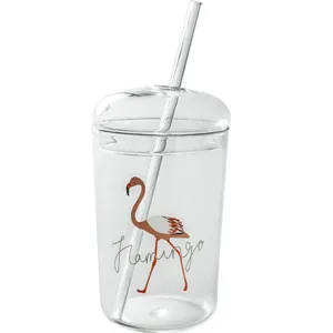 Klares Glas Trinkbecher mit Deckel und Strohhalm, Flamingomuster für Saft und Bubble Tea.