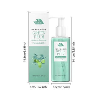 Green Plum cleansing gel detail view showing product dimensions, bottle and box design features.