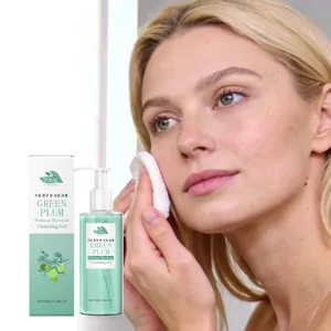 Green plum cleansing gel detail view showing clear green texture and gentle use scene.