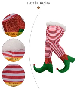 Christmas tree elf legs detail, red white stripes plush pants, green curly shoes decor.