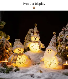 Nordic plush glowing snowman and Santa ornament set, cozy Christmas desktop night light.