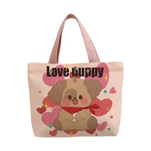 Cute puppy print canvas tote bag for women, casual daily shoulder handbag for student commuting.