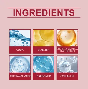 Detalle de ingredientes de cuidado facial con fórmulas clave como agua, glicerina y colágeno.