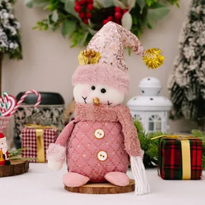 Pink Christmas snowman gnome doll ornament for holiday home window display decoration.
