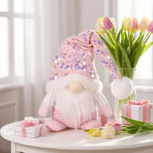 Adorable Poupée Peluche Gnome Paillettes Roses Rudolf Noël Décoration Table Cadeau