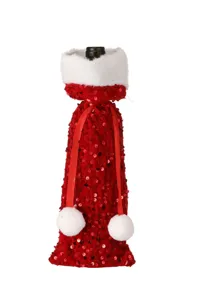Christmas red sequin wine bottle cover with plush trim and pom poms for holiday table decor.
